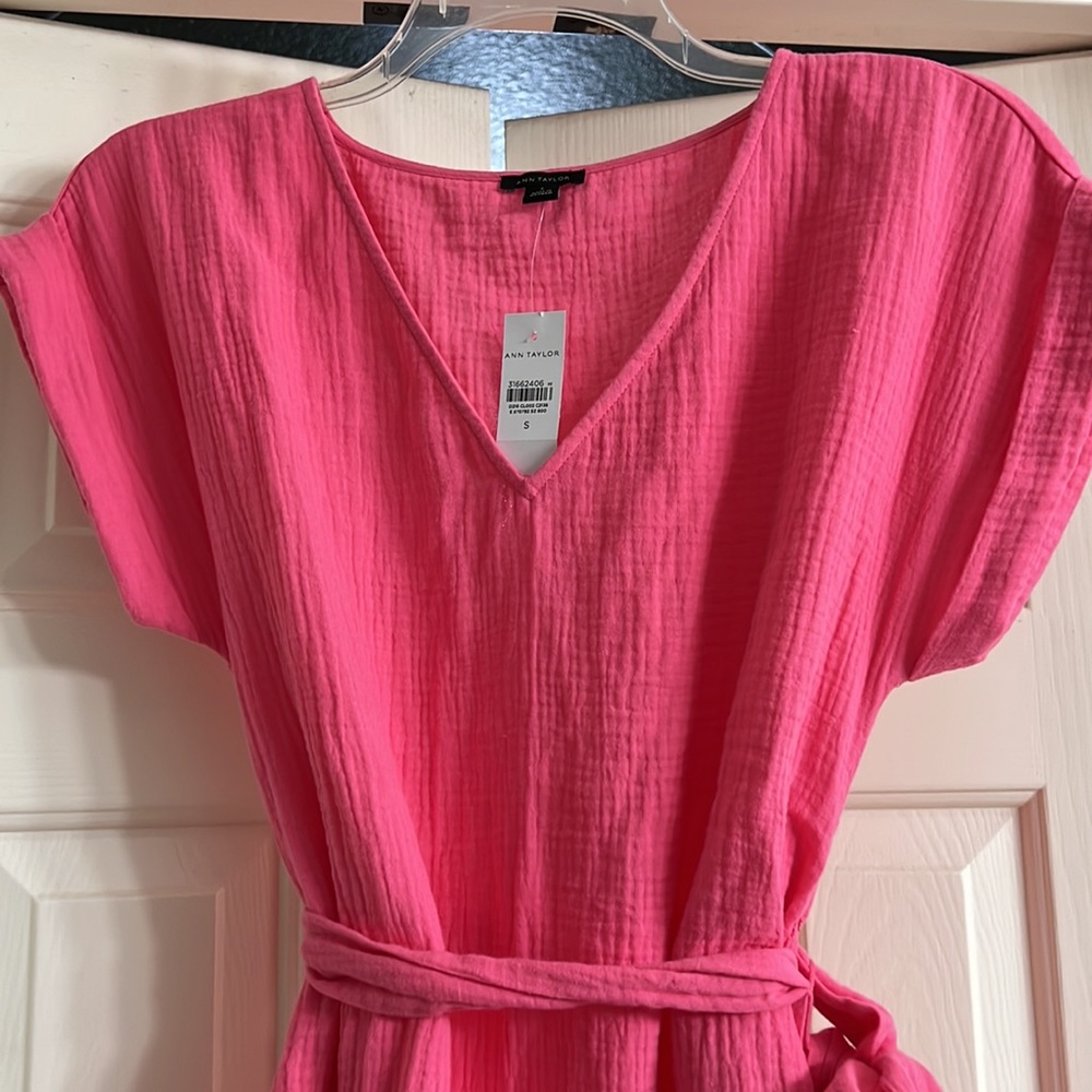 Ann Taylor Gauze Pocket Flare Dress in Tropical Rose - Picture 6 of 9